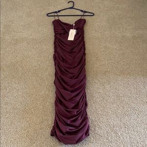 Oh Polly Ruched Bodycon Midi Dress Burgundy